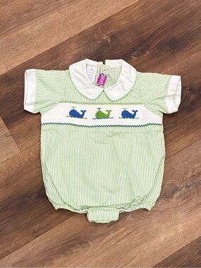 Simi Green Smocked Whale Bubble Summer Outfit Vacation Animals One Piece 3m